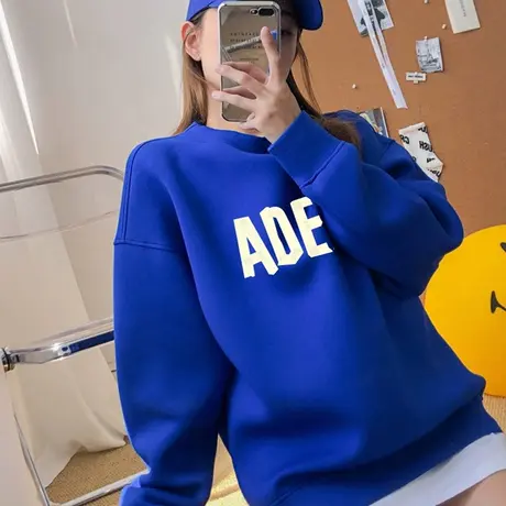 克莱因蓝卫衣女秋冬2023新款oversize中长款遮屁股加绒加厚外套潮图片