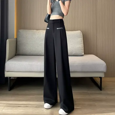 黑色冰丝西装裤女高腰垂感春秋新款宽松直筒西裤窄版阔腿拖地裤子图片