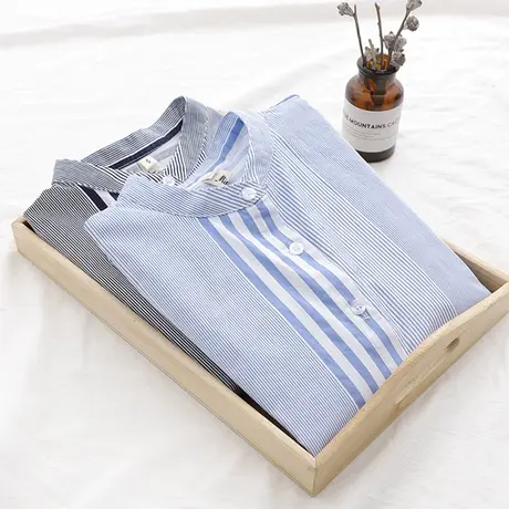 2021春新款韩版文艺小清新蓝白竖条纹衬衫女学生百搭长袖宽松上衣商品大图