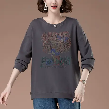 中老年妈妈圆领卫衣女春秋季宽松加肥加大码女装烫钻百搭显瘦上衣图片