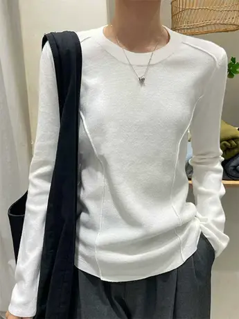 白色长袖T恤女小衫2023春装新款欧货修身打底衫内搭秋冬磨毛上衣商品大图