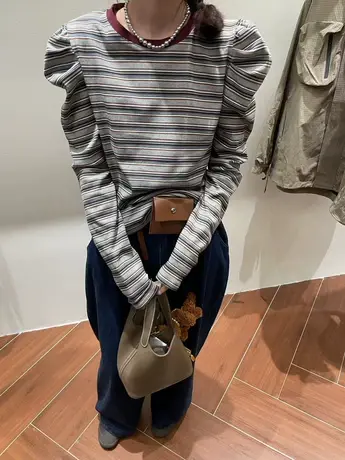 韩国秋装新款条纹拼色泡泡袖宽松套头长袖T恤女百搭打底衫上衣潮商品大图