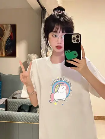 加大码短袖女2023新款设计感上衣夏款女t恤印花韩版小众宽松体恤图片