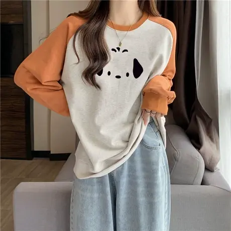 卡通动漫印花长袖卫衣女韩版宽松加绒加厚秋冬装撞色插肩袖上衣服商品大图