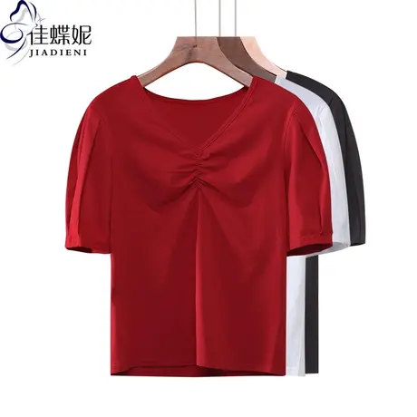 夏季新款韩版纯棉V领红色褶皱小心机修身显瘦短袖体恤上衣内搭女商品大图