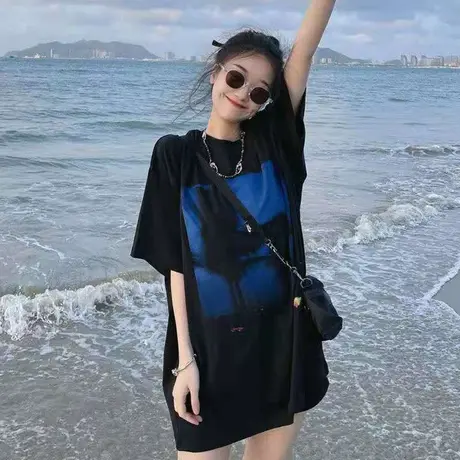 纯棉大码夏季潮酷黑色短袖T恤女2021年新款宽松正肩半袖国潮上衣商品大图