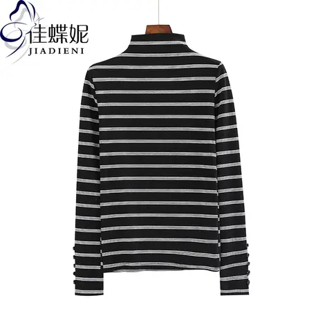 秋冬韩版新款拼色条纹T恤打底衫长袖纯白修身体恤半高领女装上衣商品大图