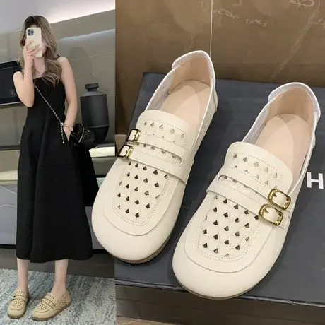 圆头浅口单鞋女平底软底2024年春夏季新款百搭镂空透气孕妇奶奶鞋商品大图