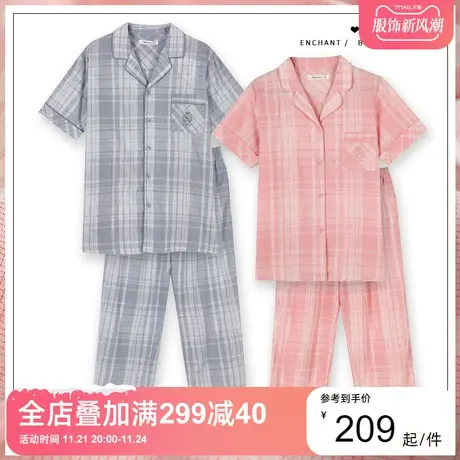 秋鹿简约格子纯棉家居服女夏款小翻领短袖长裤情侣睡衣可外穿2031图片