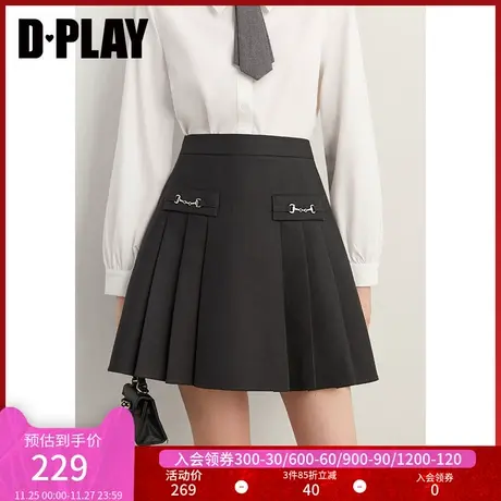 DPLAY秋学院风花灰色重工金属搭扣高腰挺阔百褶裙小个子半裙图片