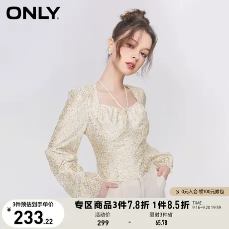 【买5免1】ONLY奥莱2023夏季新款时尚方领碎花印花修身短款雪纺衫商品大图
