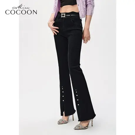 missCOCOON时尚裤子2023春新款女简约高腰长款显瘦微喇开叉牛仔裤商品大图