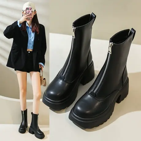 靴子女粗跟厚底前拉链法式高跟短靴女2024新款春秋冬马丁靴瘦瘦靴商品大图