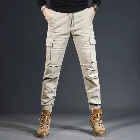 卡其色工装裤男秋冬款2023新款潮牌修身束脚弹力美式休闲男士裤子商品大图