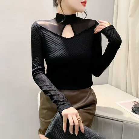 加绒秋冬2024新款T恤网纱镂空钉珠半高领洋气上衣女长袖打底衫潮图片
