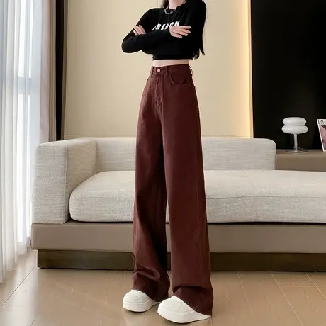 酒红色牛仔裤女秋冬款加绒加厚高腰宽松显瘦直筒小个子拖地阔腿裤图片