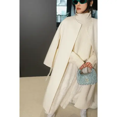 2023冬季新款高品质大牌羊毛斗篷袖双面呢气质优雅暗扣系带大衣图片