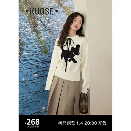 阔色白色小狗撞色短款毛衣女2024早春新款蝴蝶结圆领套头上衣秋冬商品大图