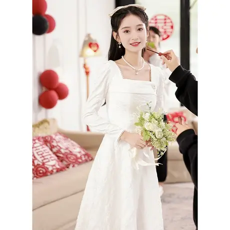 白色小晚礼服女2023新款冬季长袖平时可穿订婚登记领证小白裙高端图片