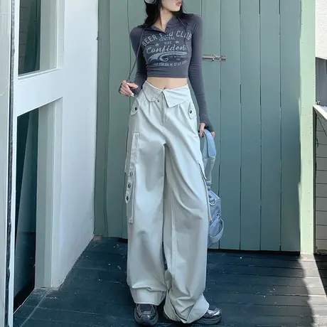 米白色休闲裤女工装裤阔腿高腰显瘦2024年春季新款设计感直筒裤子图片