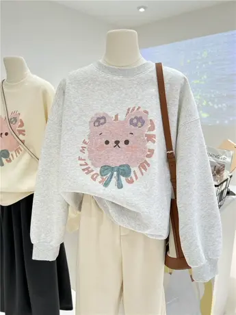 2024春季新款韩系卡通可爱图案学院慵懒宽松减龄圆领套头卫衣女图片