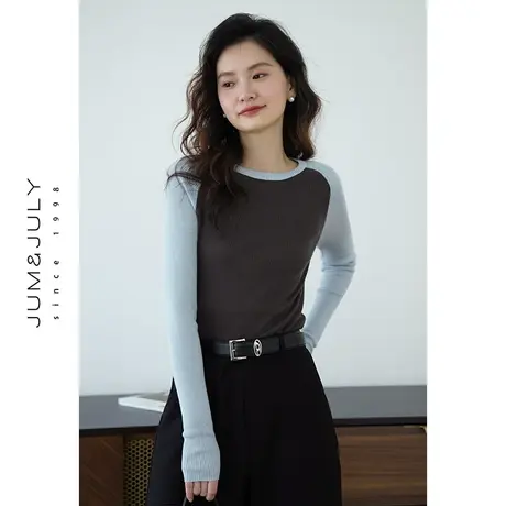 嘉茱莉新款美式复古长袖针织衫女撞色圆领针织上衣修身内搭打底衫图片