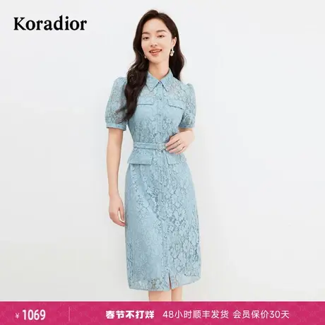 珂莱蒂尔女装2024夏季新款通勤百搭POLO领法式蕾丝短袖修身连衣裙图片