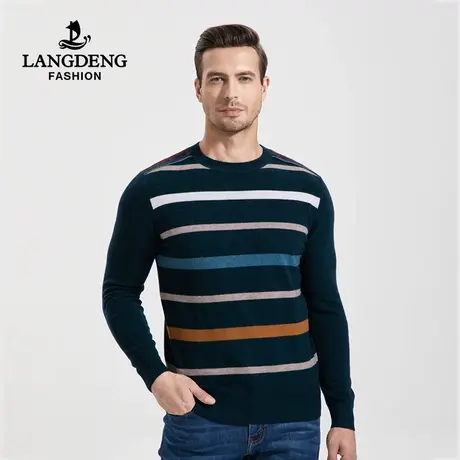 浪登男士保暖纯羊毛衫2022秋冬新款圆领条纹撞色时尚打底针织衫男商品大图