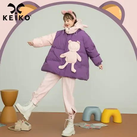 KEIKO 紫色连帽棉服外套女2023冬季可爱拼布贴花宽松面包服棉衣图片