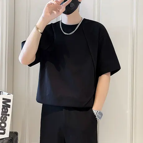 短袖T恤男夏季纯色内搭体恤衫ins拼接休闲小众高级感夏天半袖上衣商品大图