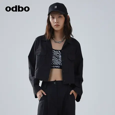 odbo/欧迪比欧时尚工装风黑色短款衬衫女春季新款百搭设计感外套图片