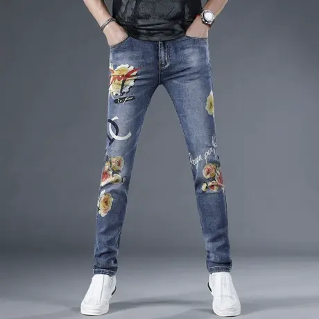 欧美高端牛仔裤男款2024春夏季新款印花潮牌弹力修身小脚长裤薄款商品大图