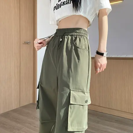 美式复古军绿色工装裤女春夏百搭显瘦宽松束脚休闲登山阔腿运动裤商品大图