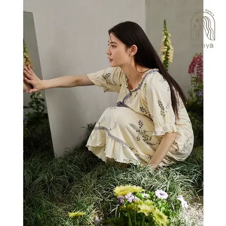 妮狄娅睡衣睡裙女夏季纯棉碎花中长裙清新田园风可外穿春夏家居服商品大图