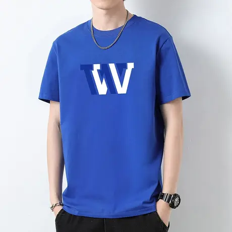 克莱因蓝重磅纯棉t恤男短袖字母印花夏季半袖液氨长绒棉全棉体恤商品大图