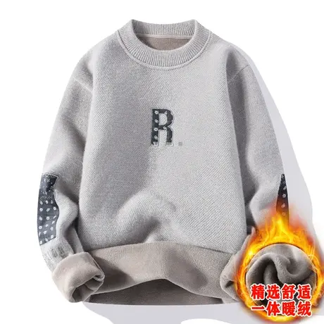 水貂绒圆领毛衣男宽松秋冬季潮流保暖上衣一体加绒加厚打底针织衫商品大图