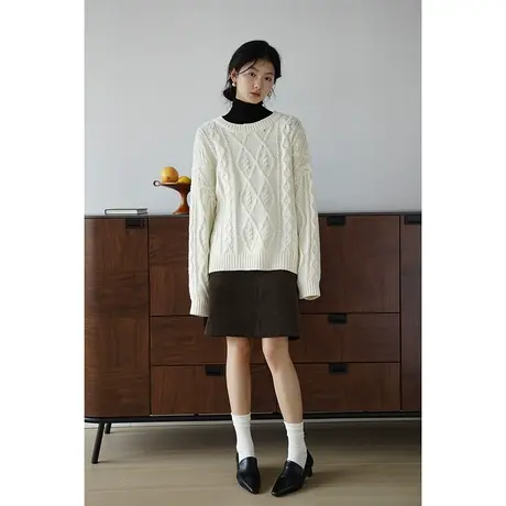 嘉茱莉2023秋季新款1OO绵羊毛毛衣外套女圆领套头针织上衣宽松商品大图