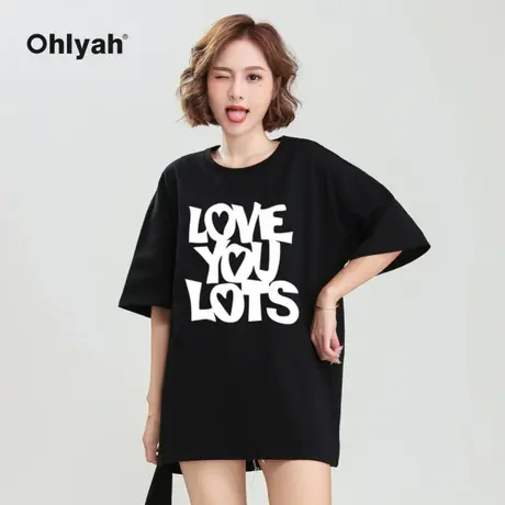 Ohlyah品牌 短袖T恤女中长款韩版黑色上衣纯棉宽松韩版体恤打底衫商品大图