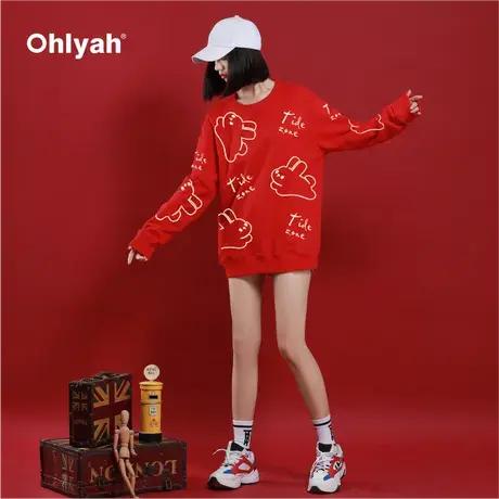 Ohlyah卡通兔子红色卫衣女2023新款秋冬宽松大码圆领本命年衣服商品大图