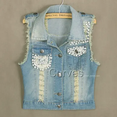 牛仔马甲女短款修身韩版新款春秋无袖外套背心破洞马夹钉珠夏09商品大图