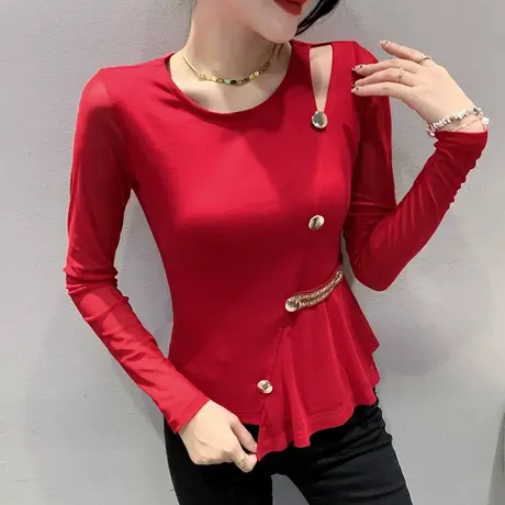 性感镂空上衣女长袖设计感不规则下摆网纱拼接T恤洋气内搭打底衫商品大图