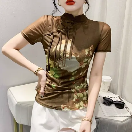 中国风立领盘扣上衣女夏季复古印花网纱T恤短袖气质显瘦修身小衫商品大图