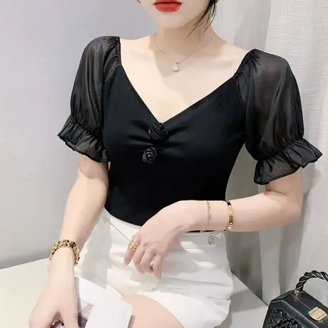 雪纺拼接短袖T恤女2023夏季新款性感V领小衫设计感洋气泡泡袖上衣商品大图