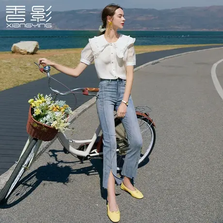 香影大娃娃领衬衫女2023夏季新款设计感小众天丝衬衣短袖白色上衣商品大图