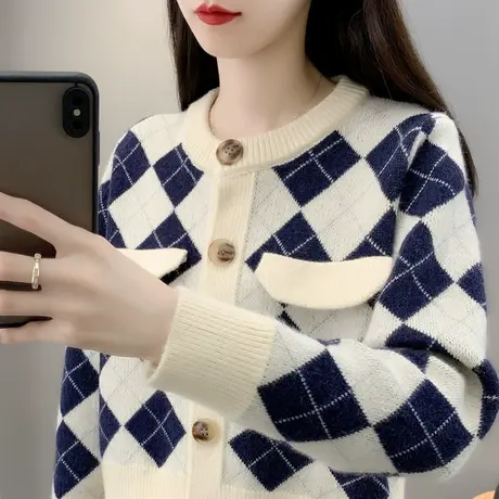 圆领撞色菱形针织开衫2023秋冬新款短款小香风休闲外套洋气百搭女商品大图