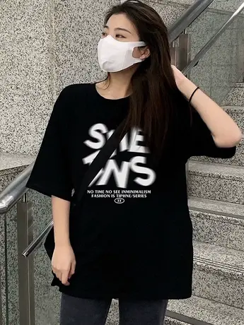 高街欧美潮ins字母短袖t恤女2023春夏季新款慵懒宽松显瘦黑色上衣商品大图