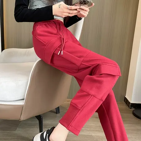 束脚工装裤女春秋季2023新款高腰显瘦小个子抽绳休闲哈伦运动卫裤商品大图