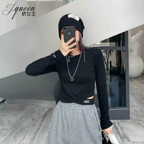 长袖T恤女秋季新款韩版设计感百搭显瘦上衣ins圆领短款修身打底衫图片