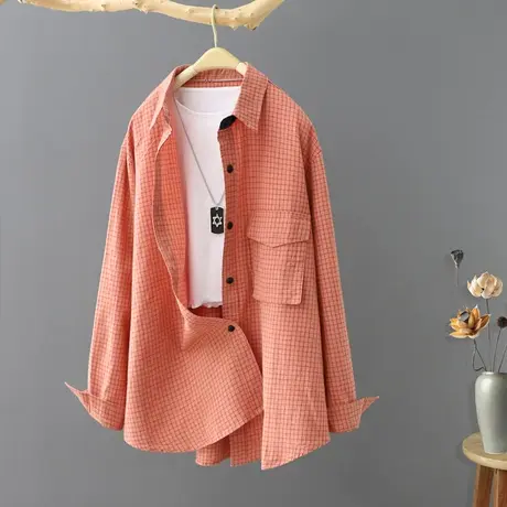 春季新款韩版细格子衬衫女士设计感小众百搭长袖宽松外套衬衣开衫图片
