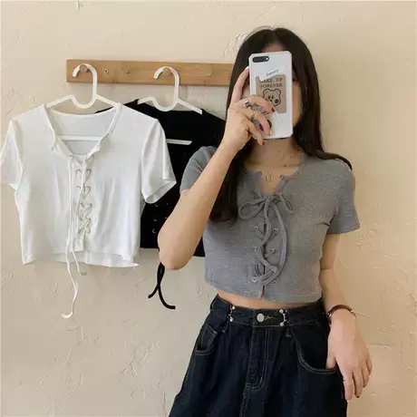 黑色短袖T恤女夏季新款设计感小众纯欲辣妹别致高腰紧身短款上衣商品大图